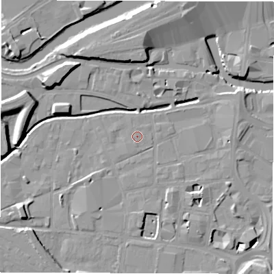 Shaded relief map of the ground around LS115ED, computed from Environment Agency LiDAR. The ground here sits at about 28 m above sea level and falls 11 m across the surrounding 800 m. Surface water reaching this point runs off ground lying to the south-south-west, 0.6 m higher.