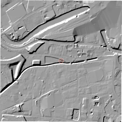 Shaded relief map of the ground around LS115FD, computed from Environment Agency LiDAR. The ground here sits at about 27 m above sea level and falls 11 m across the surrounding 800 m. Surface water reaching this point runs off ground lying to the west, 10.4 m higher.