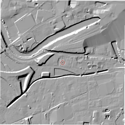 Shaded relief map of the ground around LS115FE, computed from Environment Agency LiDAR. The ground here sits at about 28 m above sea level and falls 11 m across the surrounding 800 m. Surface water reaching this point runs off ground lying to the east-north-east, 6.8 m higher.