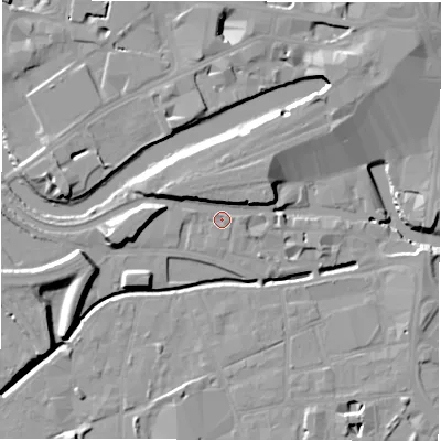 Shaded relief map of the ground around LS115FG, computed from Environment Agency LiDAR. The ground here sits at about 28 m above sea level and falls 12 m across the surrounding 800 m. Surface water reaching this point runs off ground lying to the east-north-east, 5.9 m higher.