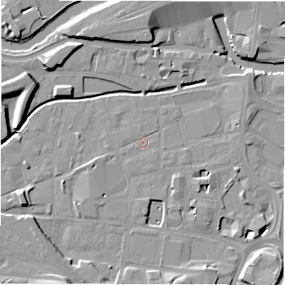 Shaded relief map of the ground around LS115JJ, computed from Environment Agency LiDAR. The ground here sits at about 28 m above sea level and falls 12 m across the surrounding 800 m. Surface water reaching this point runs off ground lying to the south-south-east, 0.8 m higher.