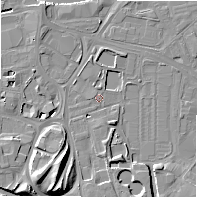 Shaded relief map of the ground around LS115LU, computed from Environment Agency LiDAR. The ground here sits at about 27 m above sea level and falls 18 m across the surrounding 800 m. Surface water reaching this point runs off ground lying to the west-south-west, 1.3 m higher.