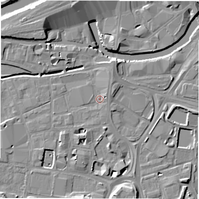 Shaded relief map of the ground around LS115PL, computed from Environment Agency LiDAR. The ground here sits at about 28 m above sea level and falls 11 m across the surrounding 800 m. Surface water reaching this point runs off ground lying to the south-south-west, 4.3 m higher.
