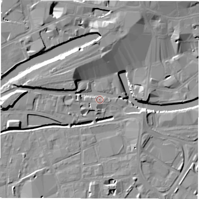 Shaded relief map of the ground around LS115PS, computed from Environment Agency LiDAR. The ground here sits at about 28 m above sea level and falls 12 m across the surrounding 800 m. Surface water reaching this point runs off ground lying to the west-south-west, 4.0 m higher.