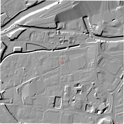 Shaded relief map of the ground around LS115QA, computed from Environment Agency LiDAR. The ground here sits at about 28 m above sea level and falls 11 m across the surrounding 800 m. Surface water reaching this point runs off ground lying to the south-south-west, 1.3 m higher.