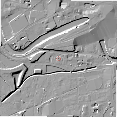 Shaded relief map of the ground around LS115QG, computed from Environment Agency LiDAR. The ground here sits at about 28 m above sea level and falls 11 m across the surrounding 800 m. Surface water reaching this point runs off ground lying to the north-north-east, 0.8 m higher.
