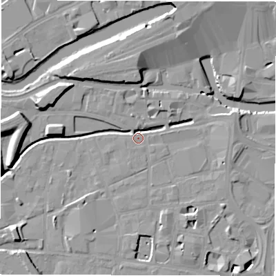Shaded relief map of the ground around LS115QN, computed from Environment Agency LiDAR. The ground here sits at about 28 m above sea level and falls 11 m across the surrounding 800 m. Surface water reaching this point runs off ground lying to the west, 10.4 m higher.