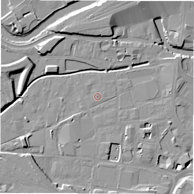 Shaded relief map of the ground around LS115QP, computed from Environment Agency LiDAR. The ground here sits at about 28 m above sea level and falls 11 m across the surrounding 800 m. Surface water reaching this point runs off ground lying to the south-west, 0.8 m higher.