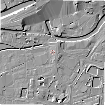 Shaded relief map of the ground around LS115QT, computed from Environment Agency LiDAR. The ground here sits at about 28 m above sea level and falls 11 m across the surrounding 800 m. Surface water reaching this point runs off ground lying to the east, 1.8 m higher.