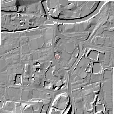 Shaded relief map of the ground around LS115UF, computed from Environment Agency LiDAR. The ground here sits at about 28 m above sea level and falls 16 m across the surrounding 800 m. Surface water reaching this point runs off ground lying to the west-south-west, 4.0 m higher.
