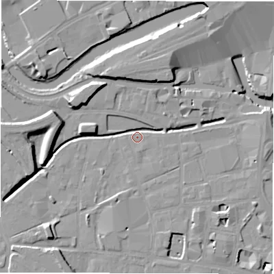 Shaded relief map of the ground around LS115WE, computed from Environment Agency LiDAR. The ground here sits at about 28 m above sea level and falls 11 m across the surrounding 800 m. Surface water reaching this point runs off ground lying to the south, 3.9 m higher.