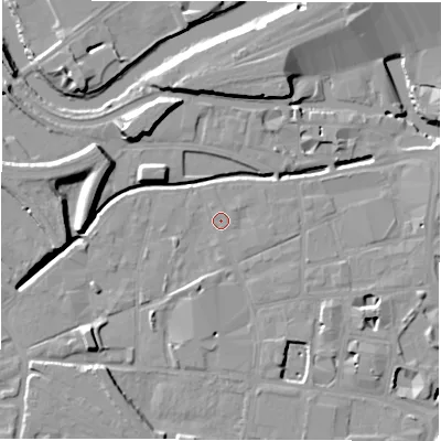 Shaded relief map of the ground around LS115WF, computed from Environment Agency LiDAR. The ground here sits at about 28 m above sea level and falls 11 m across the surrounding 800 m. Surface water reaching this point runs off ground lying to the south-west, 6.4 m higher.