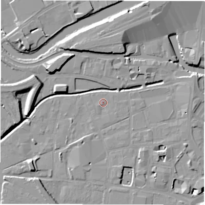 Shaded relief map of the ground around LS115WG, computed from Environment Agency LiDAR. The ground here sits at about 28 m above sea level and falls 11 m across the surrounding 800 m. Surface water reaching this point runs off ground lying to the south, 3.9 m higher.
