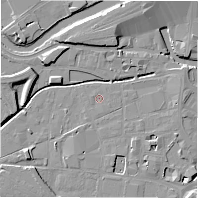 Shaded relief map of the ground around LS115WH, computed from Environment Agency LiDAR. The ground here sits at about 28 m above sea level and falls 11 m across the surrounding 800 m. Surface water reaching this point runs off ground lying to the south, 1.0 m higher.