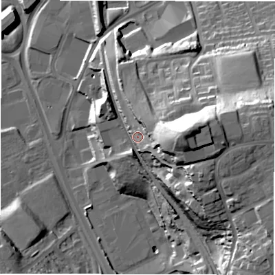 Shaded relief map of the ground around LS118AT, computed from Environment Agency LiDAR. The ground here sits at about 60 m above sea level and falls 48 m across the surrounding 800 m. Surface water reaching this point runs off ground lying to the east, 31.5 m higher.