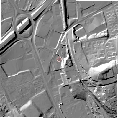Shaded relief map of the ground around LS118AX, computed from Environment Agency LiDAR. The ground here sits at about 43 m above sea level and falls 46 m across the surrounding 800 m. Surface water reaching this point runs off ground lying to the east, 16.3 m higher.