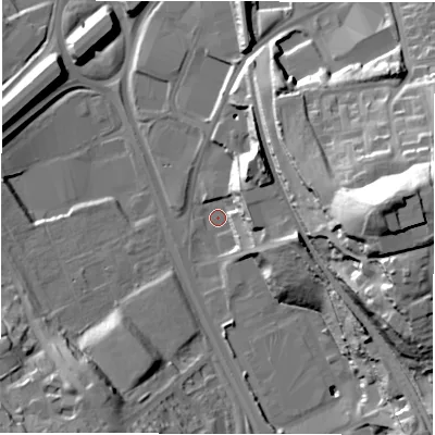 Shaded relief map of the ground around LS118AY, computed from Environment Agency LiDAR. The ground here sits at about 41 m above sea level and falls 48 m across the surrounding 800 m. Surface water reaching this point runs off ground lying to the east-south-east, 39.2 m higher.