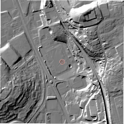 Shaded relief map of the ground around LS118BR, computed from Environment Agency LiDAR. The ground here sits at about 43 m above sea level and falls 48 m across the surrounding 800 m. The ground contributing surface water to this point lies to the north.