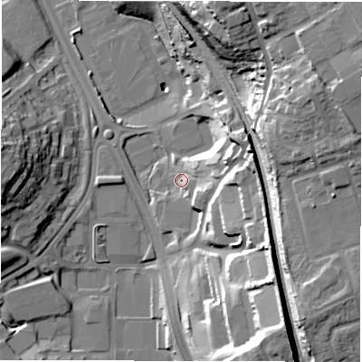 Shaded relief map of the ground around LS118DB, computed from Environment Agency LiDAR. The ground here sits at about 47 m above sea level and falls 41 m across the surrounding 800 m. Surface water reaching this point runs off ground lying to the east-north-east, 18.3 m higher.
