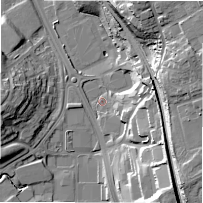 Shaded relief map of the ground around LS118LQ, computed from Environment Agency LiDAR. The ground here sits at about 45 m above sea level and falls 40 m across the surrounding 800 m. Surface water reaching this point runs off ground lying to the east-south-east, 21.6 m higher.