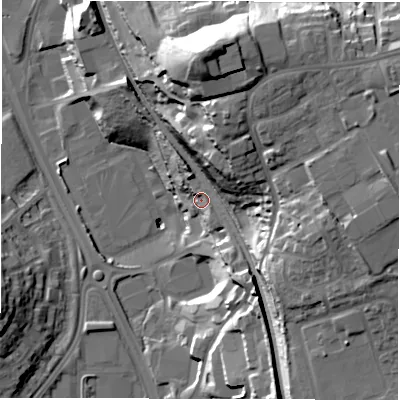 Shaded relief map of the ground around LS118LR, computed from Environment Agency LiDAR. The ground here sits at about 55 m above sea level and falls 48 m across the surrounding 800 m. Surface water reaching this point runs off ground lying to the north-north-east, 30.4 m higher.