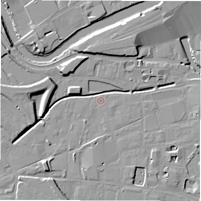 Shaded relief map of the ground around LS119AB, computed from Environment Agency LiDAR. The ground here sits at about 28 m above sea level and falls 11 m across the surrounding 800 m. Surface water reaching this point runs off ground lying to the south-south-west, 8.9 m higher.