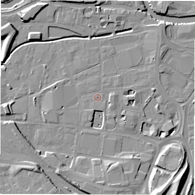 Shaded relief map of the ground around LS119AH, computed from Environment Agency LiDAR. The ground here sits at about 28 m above sea level and falls 18 m across the surrounding 800 m. Surface water reaching this point runs off ground lying to the east, 2.7 m higher.