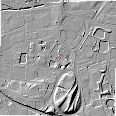 Shaded relief map of the ground around LS119BJ, computed from Environment Agency LiDAR. The ground here sits at about 28 m above sea level and falls 18 m across the surrounding 800 m. Surface water reaching this point runs off ground lying to the west-south-west, 2.8 m higher.
