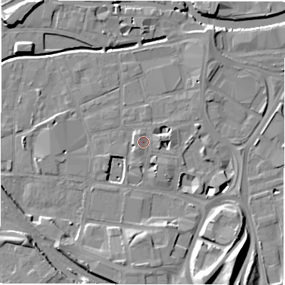 Shaded relief map of the ground around LS119BT, computed from Environment Agency LiDAR. The ground here sits at about 29 m above sea level and falls 18 m across the surrounding 800 m. Surface water reaching this point runs off ground lying to the east, 1.8 m higher.