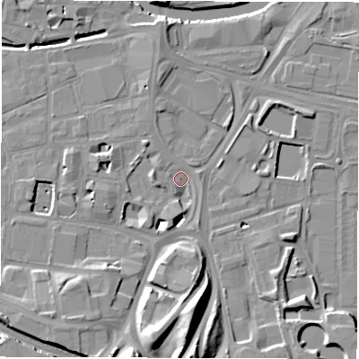 Shaded relief map of the ground around LS119DX, computed from Environment Agency LiDAR. The ground here sits at about 27 m above sea level and falls 18 m across the surrounding 800 m. Surface water reaching this point runs off ground lying to the south, 18.2 m higher.
