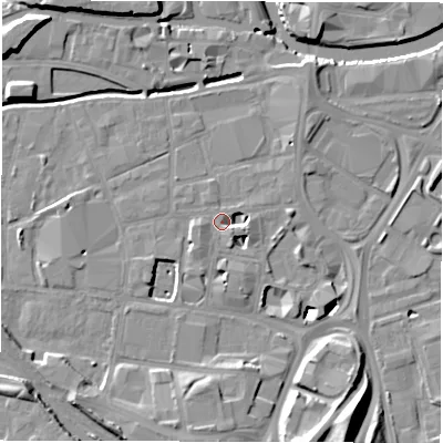 Shaded relief map of the ground around LS119EA, computed from Environment Agency LiDAR. The ground here sits at about 28 m above sea level and falls 17 m across the surrounding 800 m. Surface water reaching this point runs off ground lying to the south-east, 1.8 m higher.