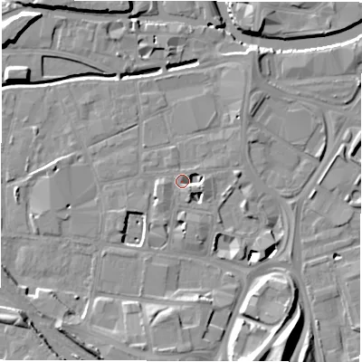 Shaded relief map of the ground around LS119EB, computed from Environment Agency LiDAR. The ground here sits at about 28 m above sea level and falls 17 m across the surrounding 800 m. Surface water reaching this point runs off ground lying to the south-east, 1.8 m higher.