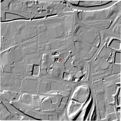 Shaded relief map of the ground around LS119ED, computed from Environment Agency LiDAR. The ground here sits at about 29 m above sea level and falls 18 m across the surrounding 800 m. Surface water reaching this point runs off ground lying to the north-west, 4.0 m higher.