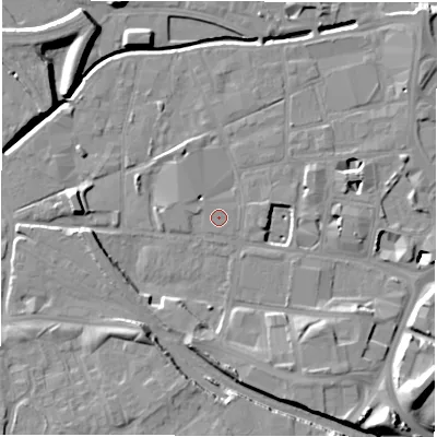 Shaded relief map of the ground around LS119EH, computed from Environment Agency LiDAR. The ground here sits at about 29 m above sea level and falls 18 m across the surrounding 800 m. The ground contributing surface water to this point lies to the south-south-west.