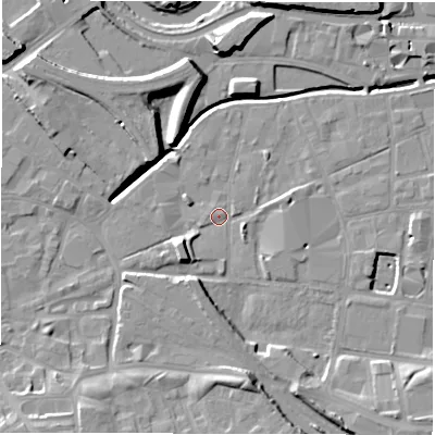 Shaded relief map of the ground around LS119TY, computed from Environment Agency LiDAR. The ground here sits at about 29 m above sea level and falls 14 m across the surrounding 800 m. Surface water reaching this point runs off ground lying to the south-west, 9.0 m higher.