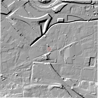 Shaded relief map of the ground around LS119TZ, computed from Environment Agency LiDAR. The ground here sits at about 29 m above sea level and falls 14 m across the surrounding 800 m. Surface water reaching this point runs off ground lying to the south-west, 8.9 m higher.