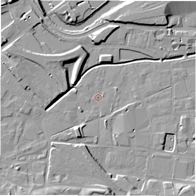 Shaded relief map of the ground around LS119UA, computed from Environment Agency LiDAR. The ground here sits at about 28 m above sea level and falls 12 m across the surrounding 800 m. Surface water reaching this point runs off ground lying to the west-north-west, 9.9 m higher.
