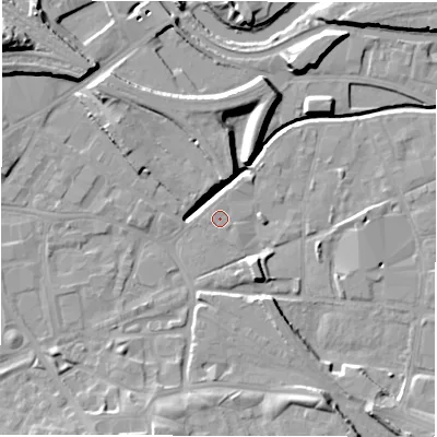 Shaded relief map of the ground around LS119UD, computed from Environment Agency LiDAR. The ground here sits at about 29 m above sea level and falls 21 m across the surrounding 800 m. The ground contributing surface water to this point lies to the south-east.