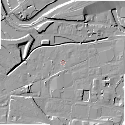 Shaded relief map of the ground around LS119YJ, computed from Environment Agency LiDAR. The ground here sits at about 28 m above sea level and falls 11 m across the surrounding 800 m. Surface water reaching this point runs off ground lying to the south-west, 6.4 m higher.