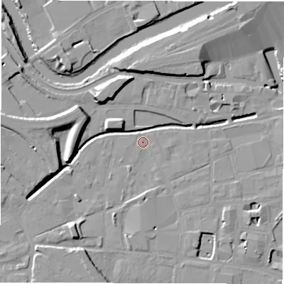 Shaded relief map of the ground around LS119YP, computed from Environment Agency LiDAR. The ground here sits at about 28 m above sea level and falls 11 m across the surrounding 800 m. Surface water reaching this point runs off ground lying to the west, 10.7 m higher.