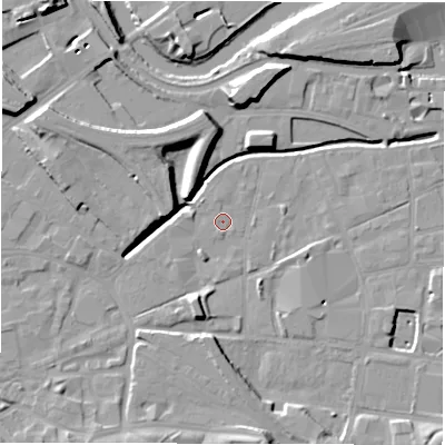 Shaded relief map of the ground around LS119YW, computed from Environment Agency LiDAR. The ground here sits at about 28 m above sea level and falls 13 m across the surrounding 800 m. Surface water reaching this point runs off ground lying to the south, 0.9 m higher.