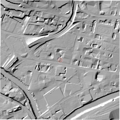 Shaded relief map of the ground around LS11BA, computed from Environment Agency LiDAR. The ground here sits at about 30 m above sea level and falls 23 m across the surrounding 800 m. Surface water reaching this point runs off ground lying to the north-north-west, 18.8 m higher.