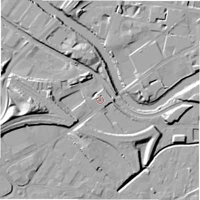 Shaded relief map of the ground around LS121BE, computed from Environment Agency LiDAR. The ground here sits at about 31 m above sea level and falls 20 m across the surrounding 800 m. Surface water reaching this point runs off ground lying to the east, 1.2 m higher.