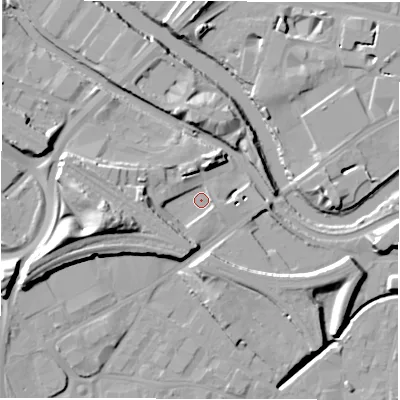 Shaded relief map of the ground around LS121FE, computed from Environment Agency LiDAR. The ground here sits at about 30 m above sea level and falls 20 m across the surrounding 800 m. Surface water reaching this point runs off ground lying to the west-north-west, 8.2 m higher.