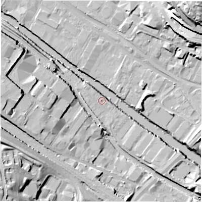 Shaded relief map of the ground around LS122AG, computed from Environment Agency LiDAR. The ground here sits at about 33 m above sea level and falls 34 m across the surrounding 800 m. Surface water reaching this point runs off ground lying to the north-west, 0.9 m higher.