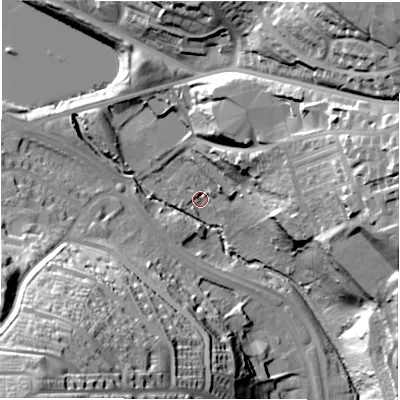 Shaded relief map of the ground around LS124FH, computed from Environment Agency LiDAR. The ground here sits at about 50 m above sea level and falls 58 m across the surrounding 800 m. Surface water reaching this point runs off ground lying to the east-north-east, 6.1 m higher.