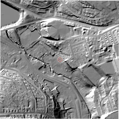 Shaded relief map of the ground around LS124FL, computed from Environment Agency LiDAR. The ground here sits at about 54 m above sea level and falls 57 m across the surrounding 800 m. Surface water reaching this point runs off ground lying to the east-north-east, 43.9 m higher.