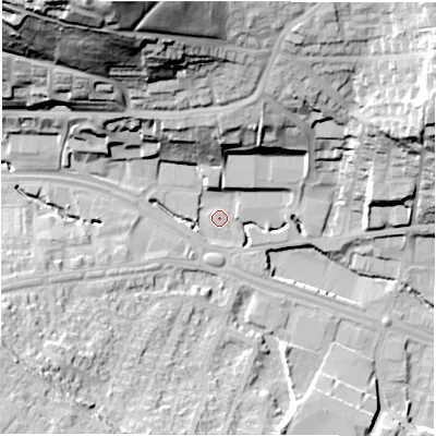 Shaded relief map of the ground around LS124RJ, computed from Environment Agency LiDAR. The ground here sits at about 44 m above sea level and falls 56 m across the surrounding 800 m. Surface water reaching this point runs off ground lying to the west-south-west, 3.8 m higher.