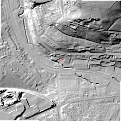 Shaded relief map of the ground around LS124RN, computed from Environment Agency LiDAR. The ground here sits at about 48 m above sea level and falls 66 m across the surrounding 800 m. Surface water reaching this point runs off ground lying to the north-north-east, 49.8 m higher.