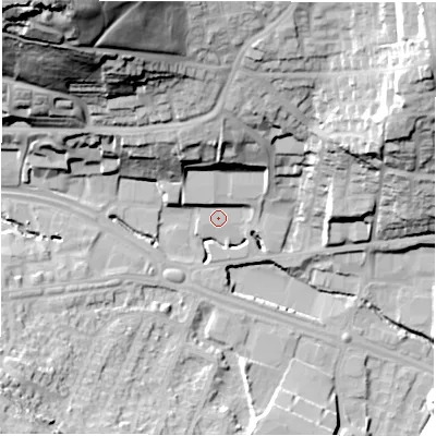 Shaded relief map of the ground around LS124RZ, computed from Environment Agency LiDAR. The ground here sits at about 45 m above sea level and falls 63 m across the surrounding 800 m. Surface water reaching this point runs off ground lying to the north-west, 59.7 m higher.